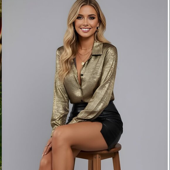 Gold Button Down Blouse Shirt - Picture 2 of 10